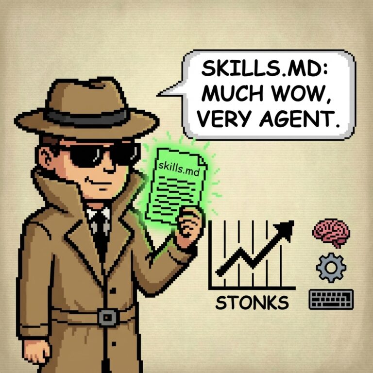 ixel-Art-Illustration eines Detektivs im Trenchcoat und mit Sonnenbrille. Er hält ein leuchtend grünes Dokument mit der Aufschrift 'skills.md' in der Hand. Rechts daneben ist ein aufsteigender Aktienchart mit der Überschrift 'STONKS' zu sehen, sowie kleine Symbole für ein Gehirn, ein Zahnrad und eine Tastatur. Der Detektiv hat eine Sprechblase: 'SKILLS.MD: MUCH WOW, VERY AGENT.'