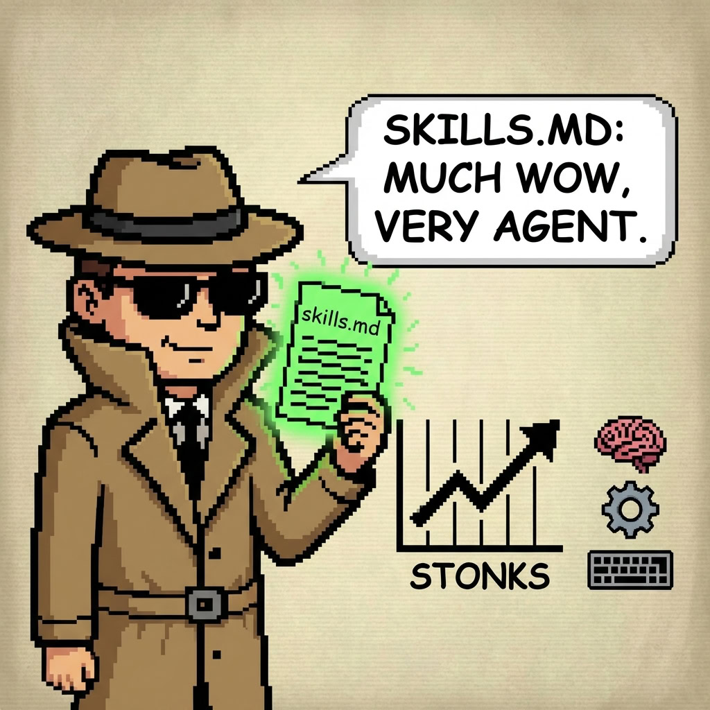 ixel-Art-Illustration eines Detektivs im Trenchcoat und mit Sonnenbrille. Er hält ein leuchtend grünes Dokument mit der Aufschrift 'skills.md' in der Hand. Rechts daneben ist ein aufsteigender Aktienchart mit der Überschrift 'STONKS' zu sehen, sowie kleine Symbole für ein Gehirn, ein Zahnrad und eine Tastatur. Der Detektiv hat eine Sprechblase: 'SKILLS.MD: MUCH WOW, VERY AGENT.'